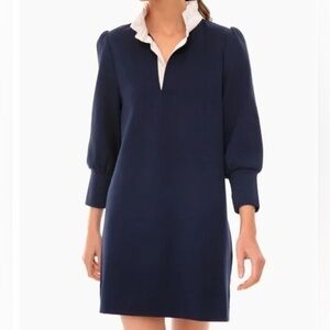 Pomander Place by Tuckernuck Charlotte Terry Shirt Dress Navy Ruffle Collar L